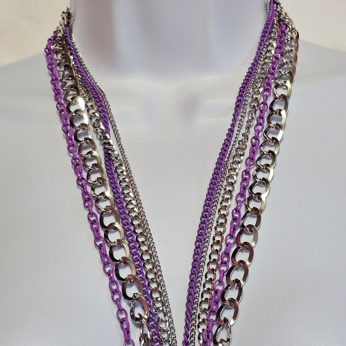 Set 3 Piece Necklace Earrings Bracelet Purple Silver-tone Multi-strand Chain 90s Vintage