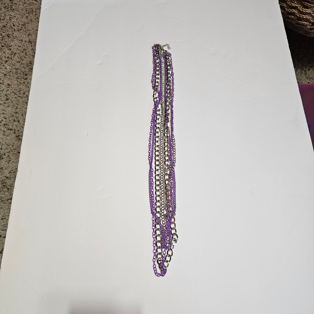 Set 3 Piece Necklace Earrings Bracelet Purple Silver-tone Multi-strand Chain 90s Vintage