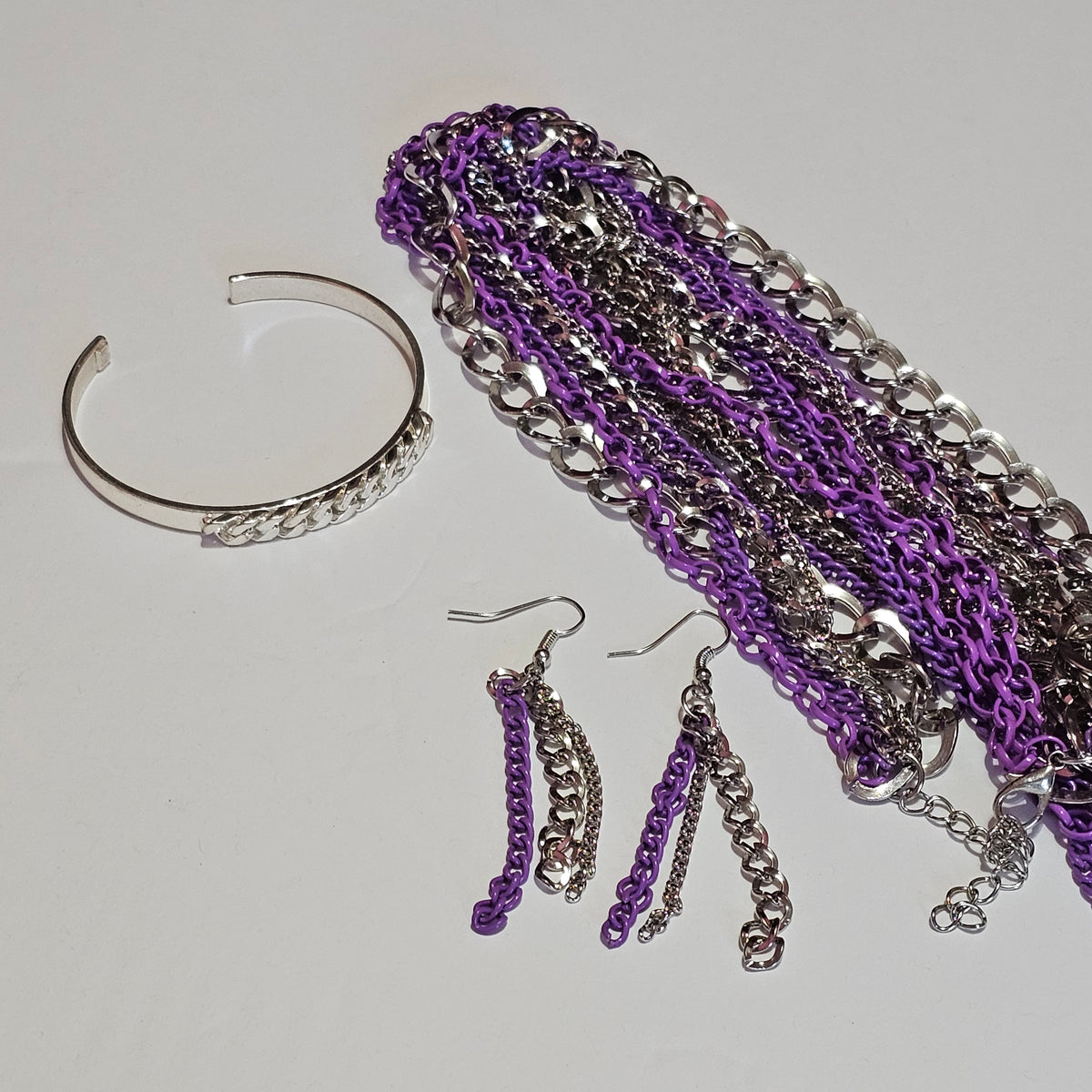 Set 3 Piece Necklace Earrings Bracelet Purple Silver-tone Multi-strand Chain 90s Vintage