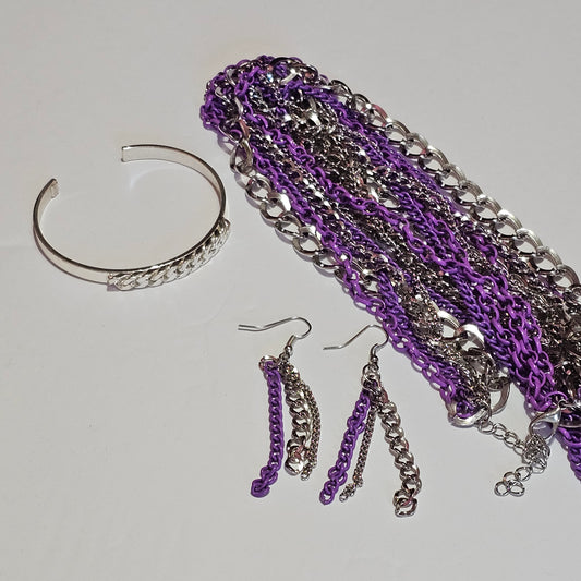 Set 3 Piece Necklace Earrings Bracelet Purple Silver-tone Multi-strand Chain 90s Vintage