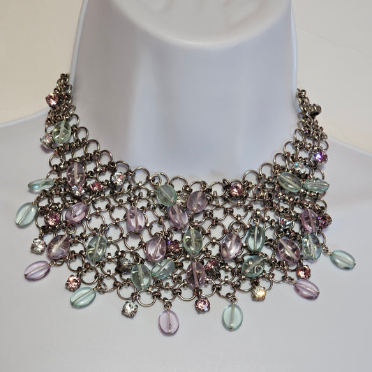 Gorgeous Web Bib Statement Pastel Crystal Rhinestone 90s Necklace Vintage