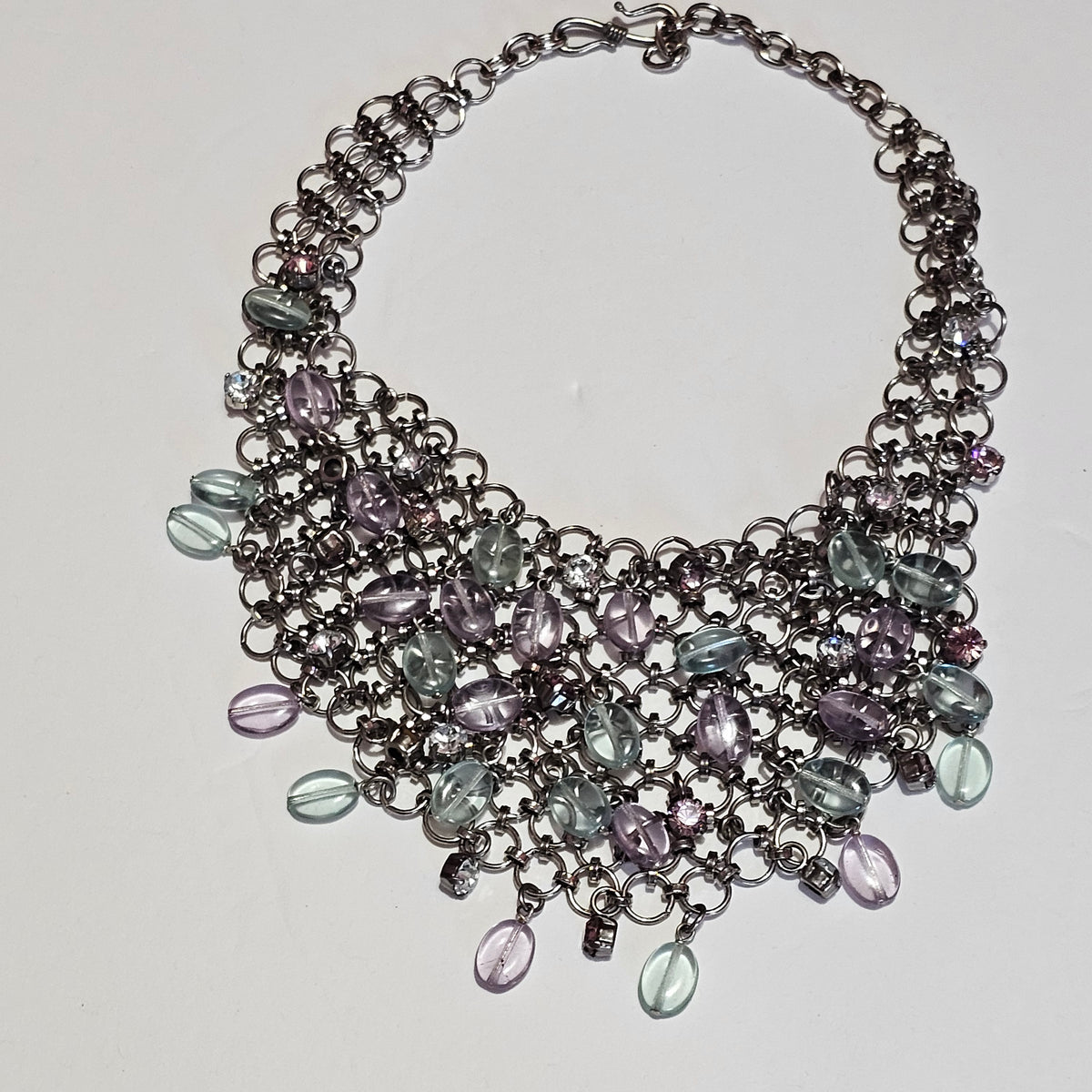 Gorgeous Web Bib Statement Pastel Crystal Rhinestone 90s Necklace Vintage