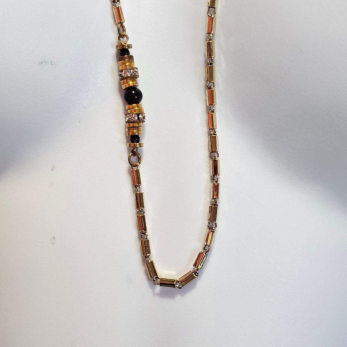 Classic Elegant Box Link Gold-tone Accented Long Necklace Chain 90s Vintage