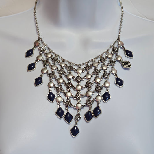 Silver-tone Blue Geometric Dangle Webbed 90s Statement Bib Necklace Vintage Lucky Brand