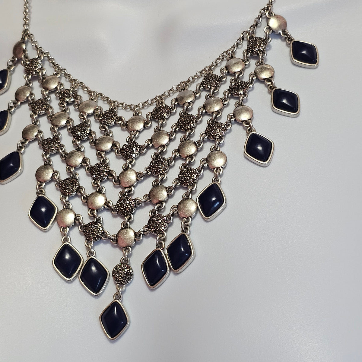 Silver-tone Blue Geometric Dangle Webbed 90s Statement Bib Necklace Vintage Lucky Brand