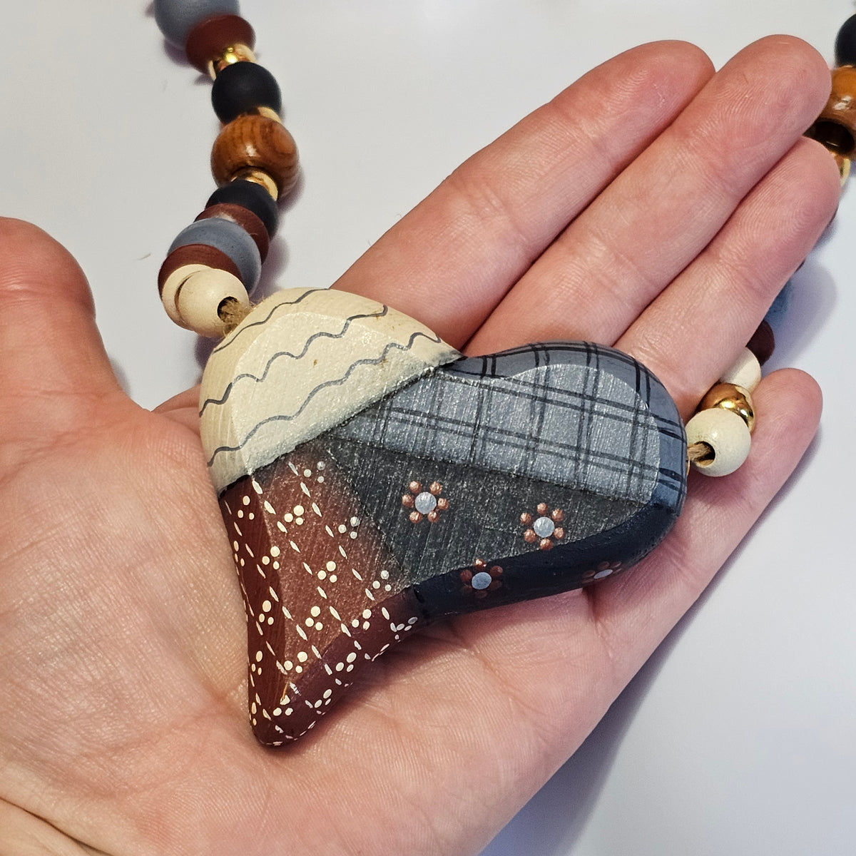 Americana Painted Beaded Heart Necklace Artisan Wooden Vintage