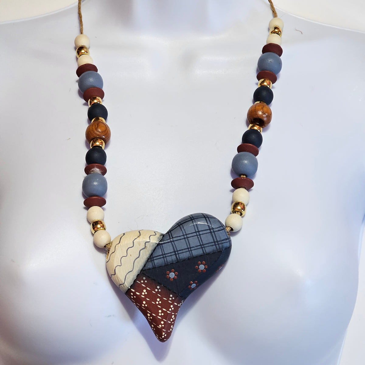 Americana Painted Beaded Heart Necklace Artisan Wooden Vintage