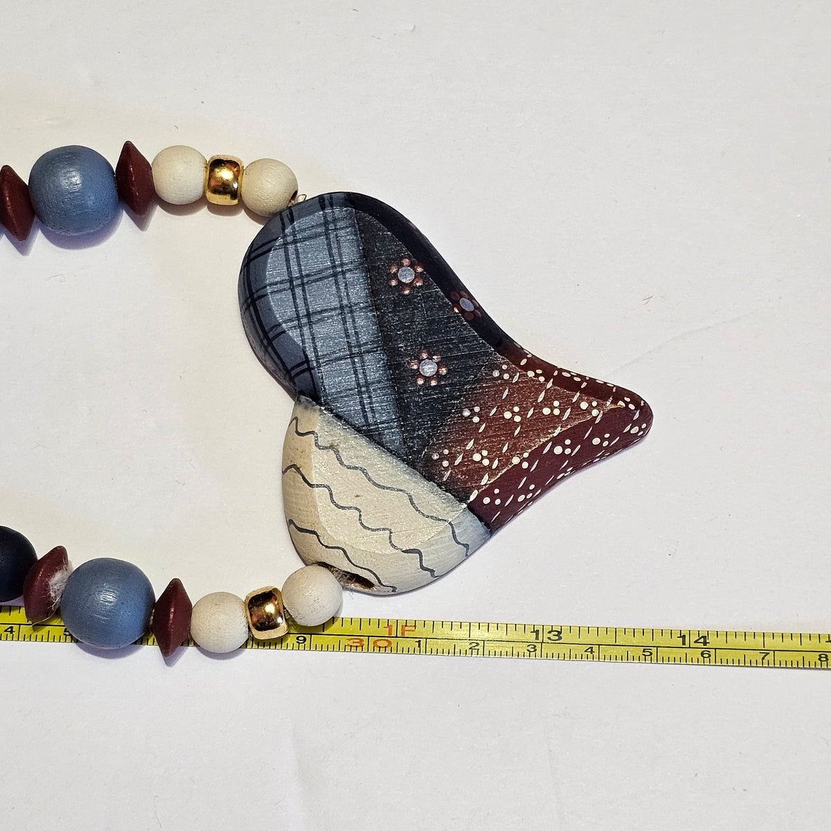 Americana Painted Beaded Heart Necklace Artisan Wooden Vintage