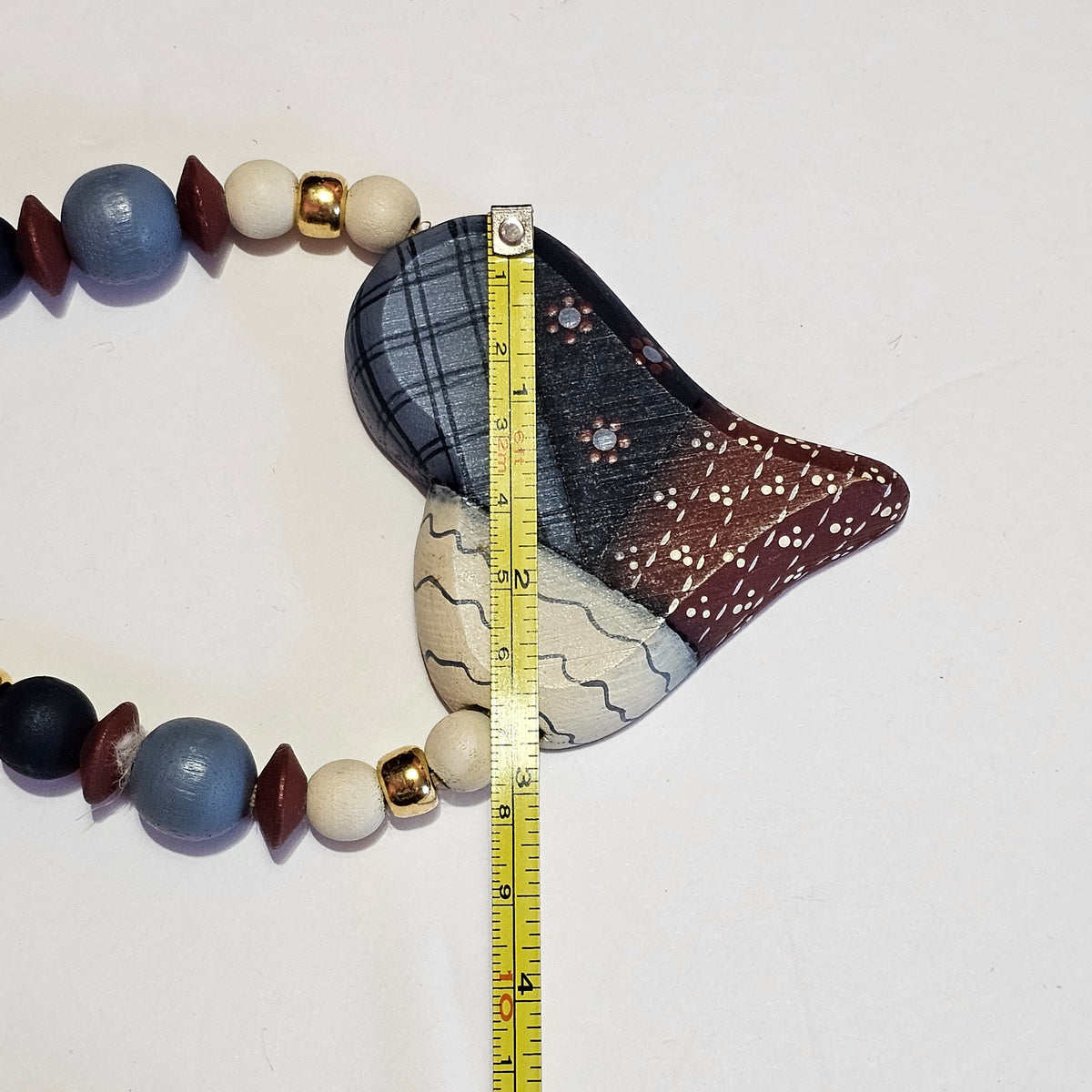 Americana Painted Beaded Heart Necklace Artisan Wooden Vintage