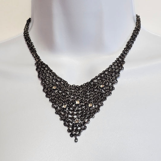 Triangle Bib Statement Gun Metal Chainmail 90s Vintage Necklace