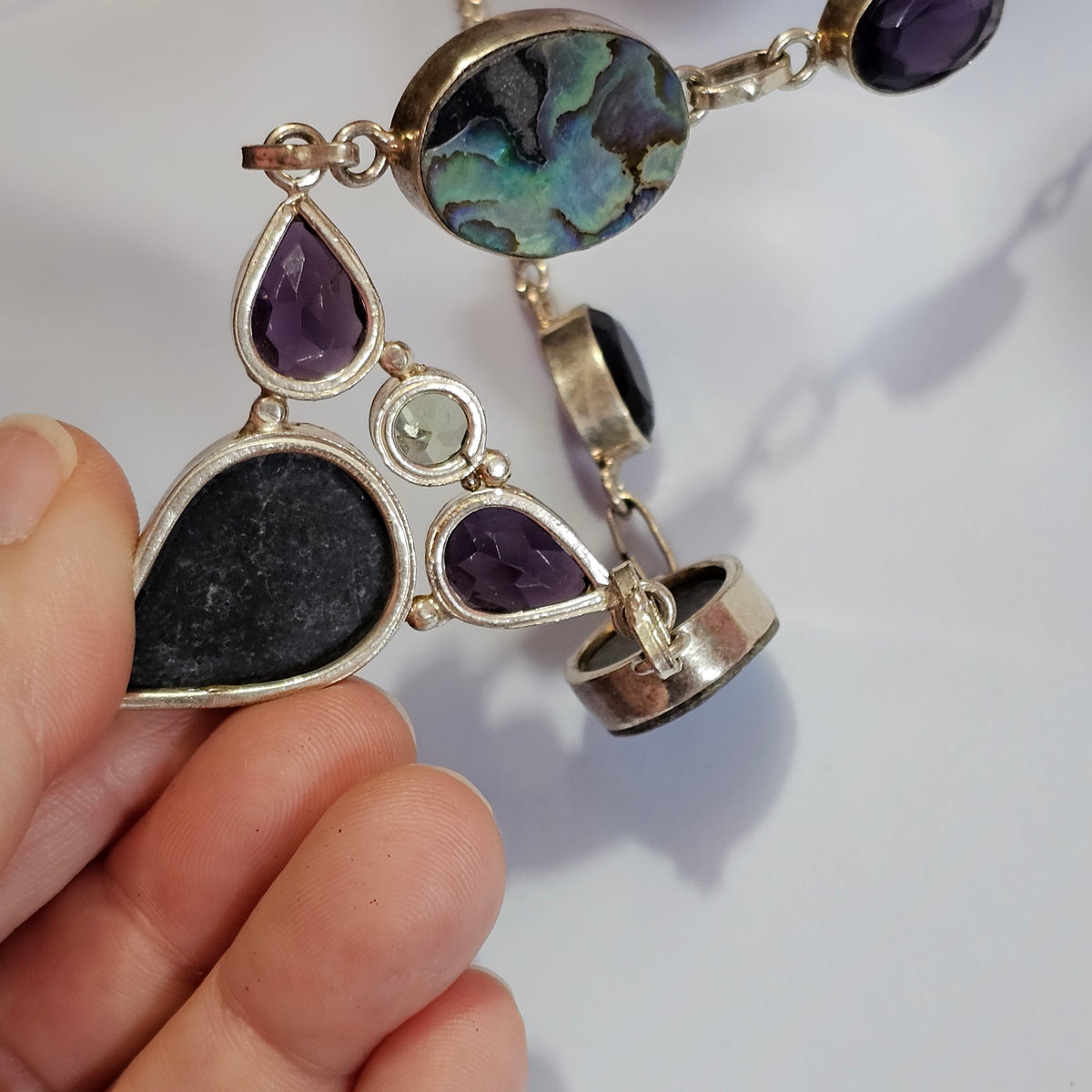 Statement Abalone Silver-tone 90s Vintage Necklace