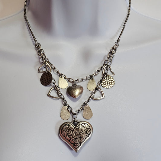 Silver-tone Puffy Heart Charm Dangle Layered Necklace Vintage Punk 90s