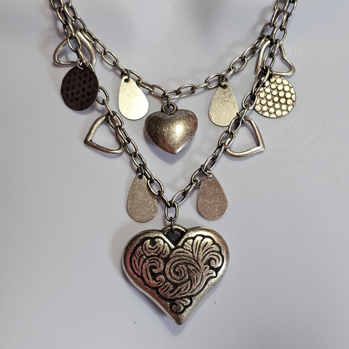 Silver-tone Puffy Heart Charm Dangle Layered Necklace Vintage Punk 90s
