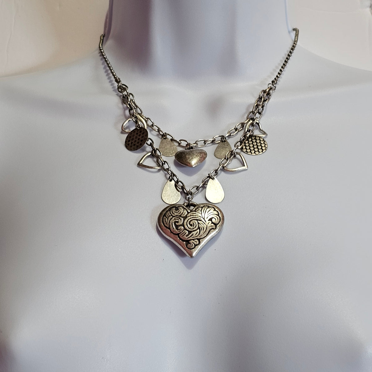 Silver-tone Puffy Heart Charm Dangle Layered Necklace Vintage Punk 90s
