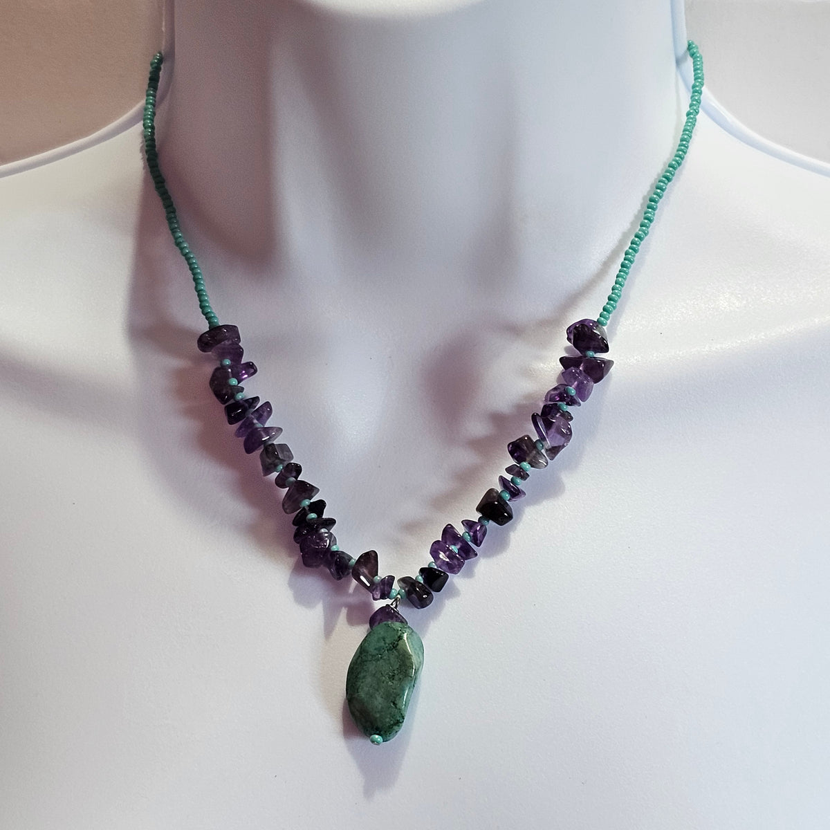 Faux Turquoise Stone Pendant Amethyst Beaded Fashion Necklace 90s Style