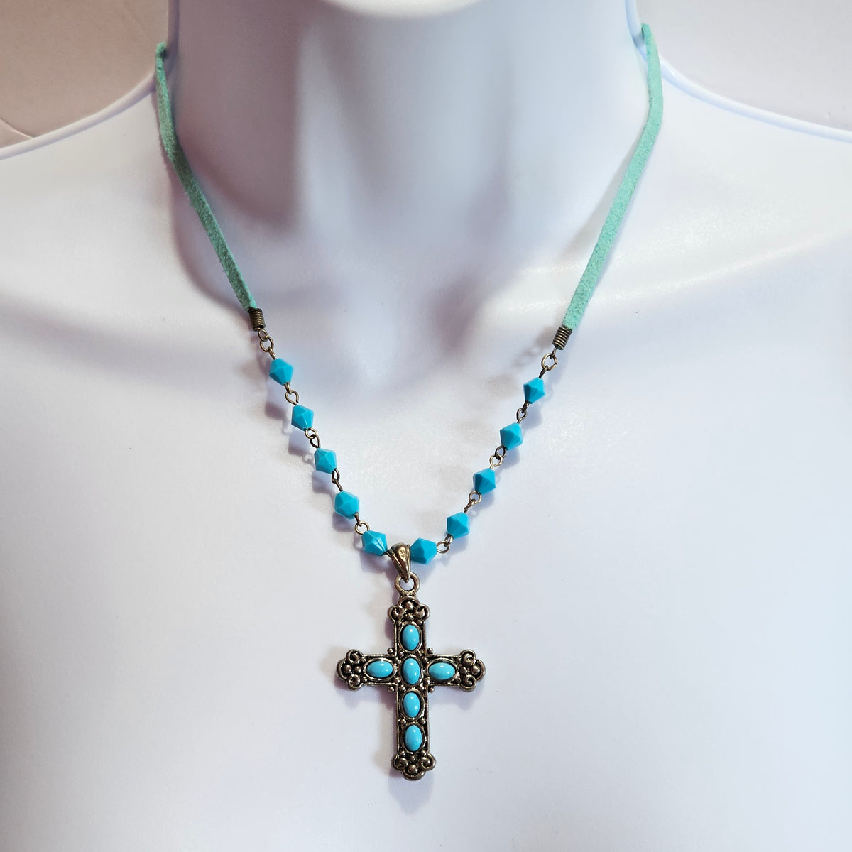 Turquoise Color Stones Beads Fashion Ornate Cross Necklace