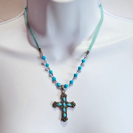 Turquoise Color Stones Beads Fashion Ornate Cross Necklace