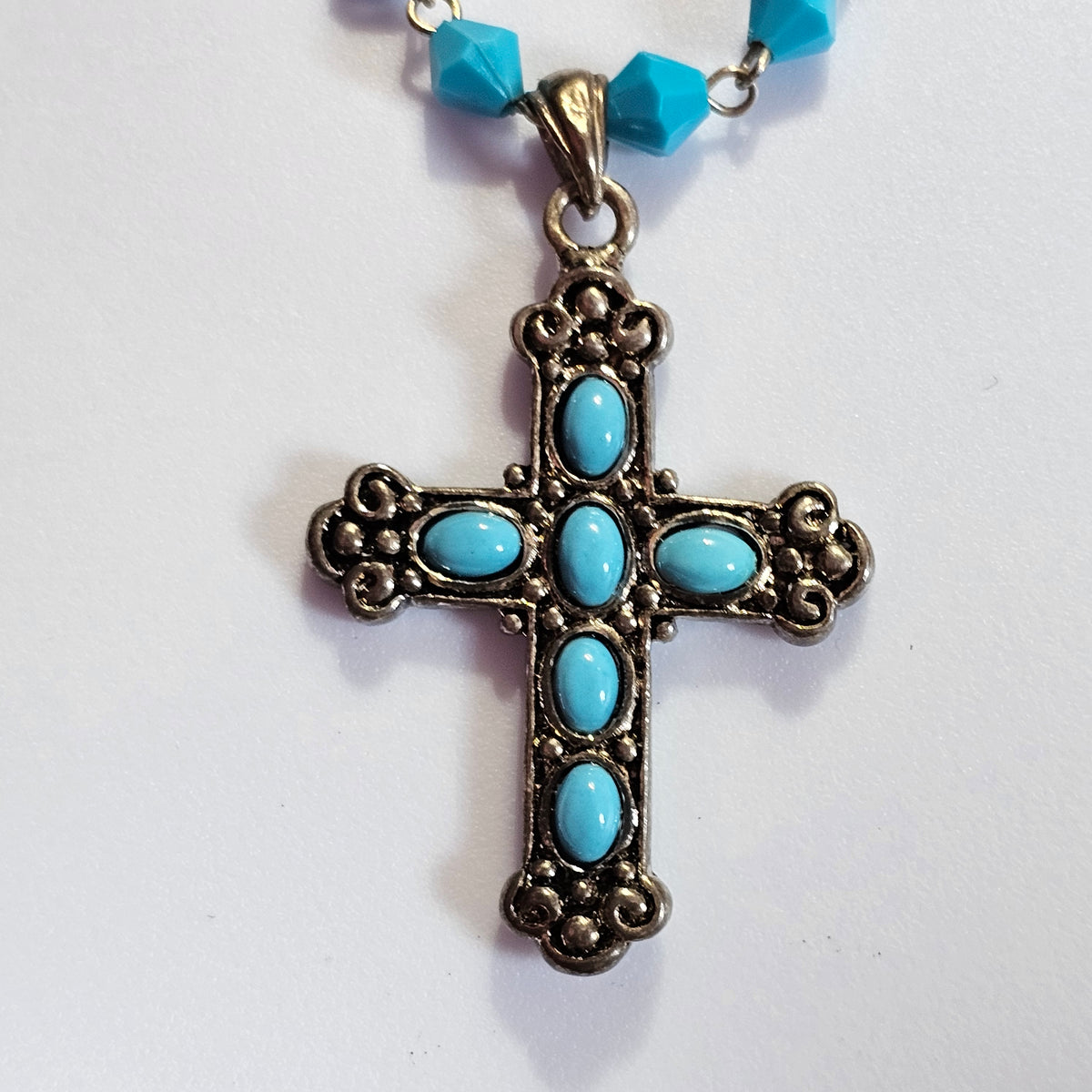 Turquoise Color Stones Beads Fashion Ornate Cross Necklace