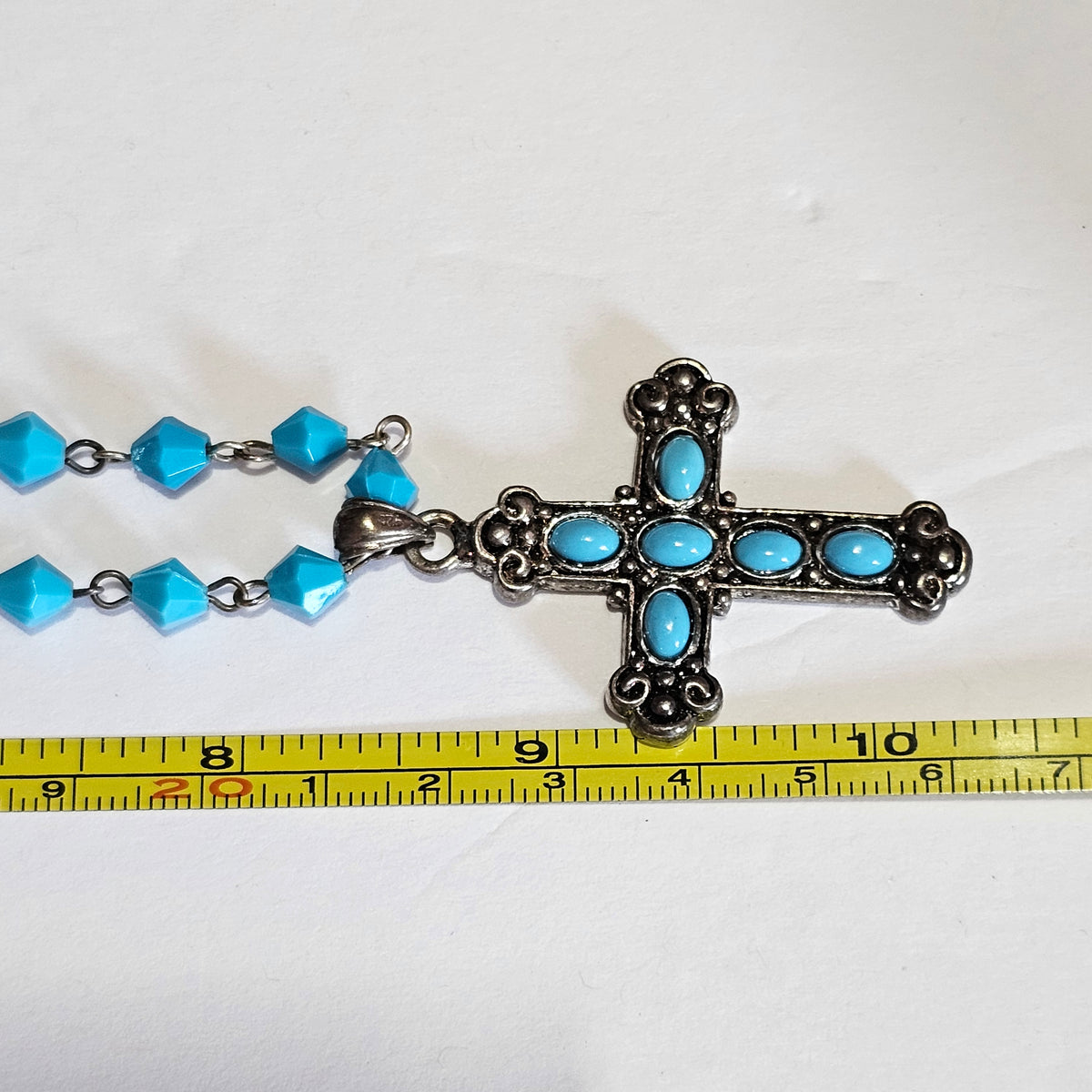 Turquoise Color Stones Beads Fashion Ornate Cross Necklace