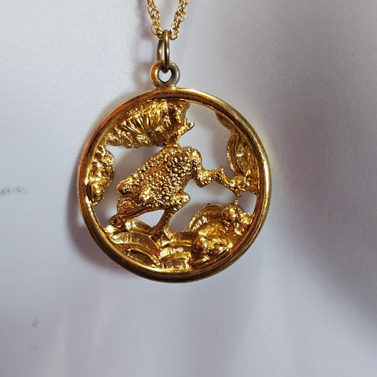 Gold-tone Cut-out Frog Pendant Chain Necklace Vintage Amphibians