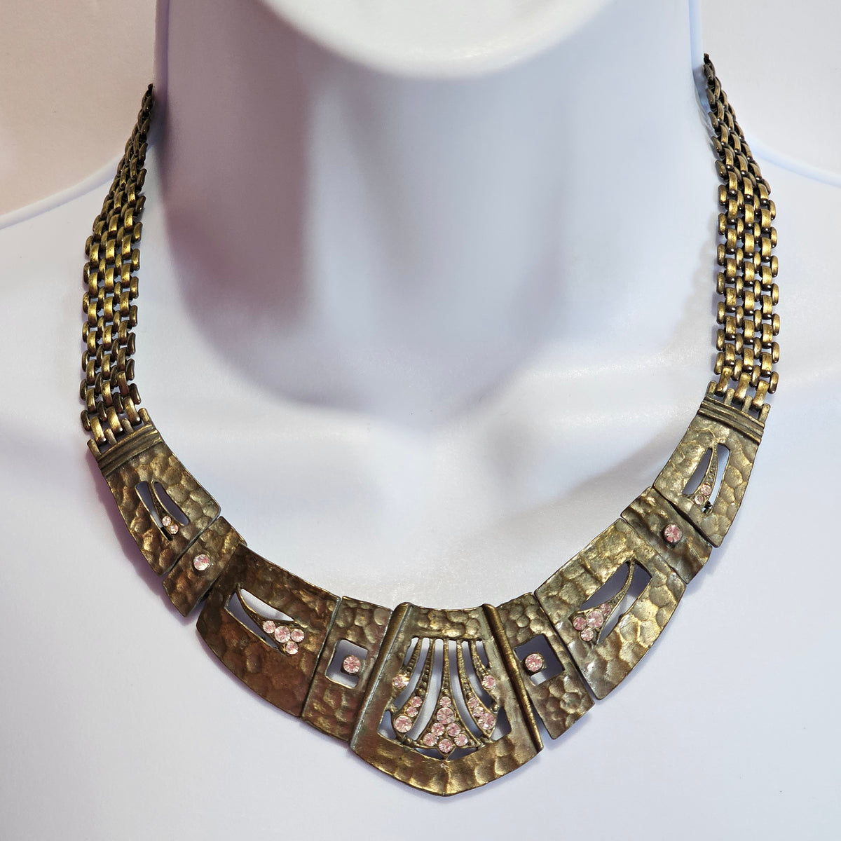 Open Cut Panel Chain Statement Necklace Egyptian Renaissance Viking Vintage Brass