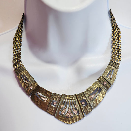 Open Cut Panel Chain Statement Necklace Egyptian Renaissance Viking Vintage Brass