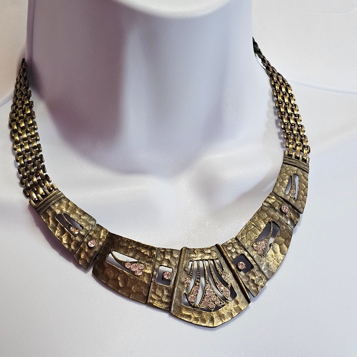 Open Cut Panel Chain Statement Necklace Egyptian Renaissance Viking Vintage Brass