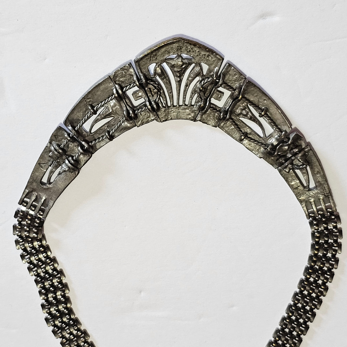 Open Cut Panel Chain Statement Necklace Egyptian Renaissance Viking Vintage Brass