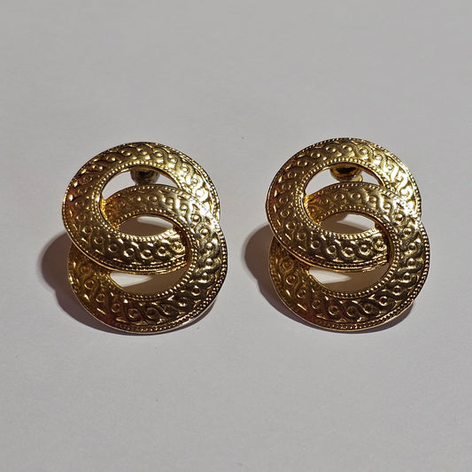 Detailed Textured Round Ring Drop Earrings Pierced Vintage Gold-tone