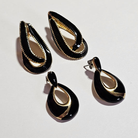 Black Enamel Gold-tone Elegant Hooped Earrings Pierced 2 Pair 90s Vintage