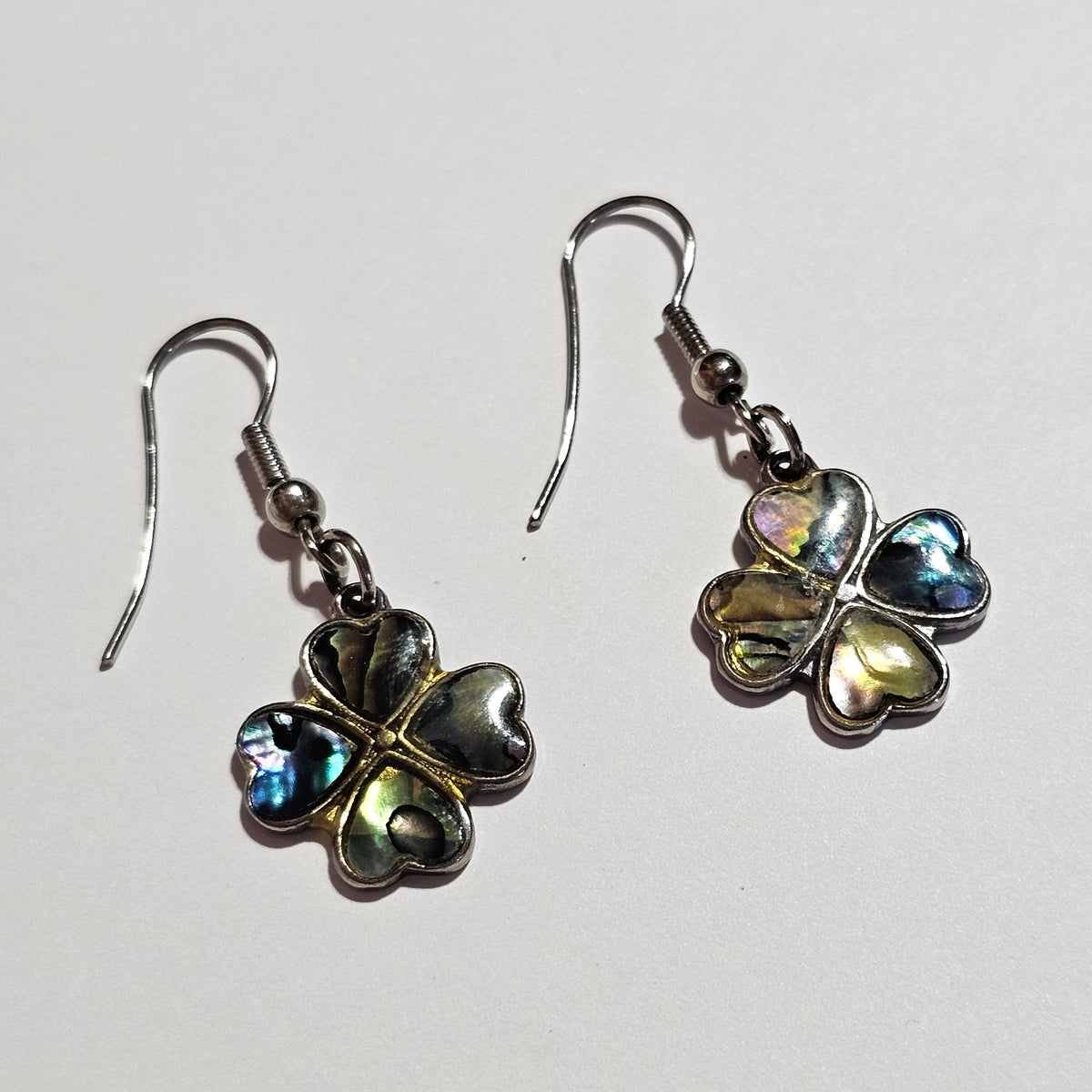 Clover Four Leaf Abalone Dangle Drop Earrings Pierced Vintage