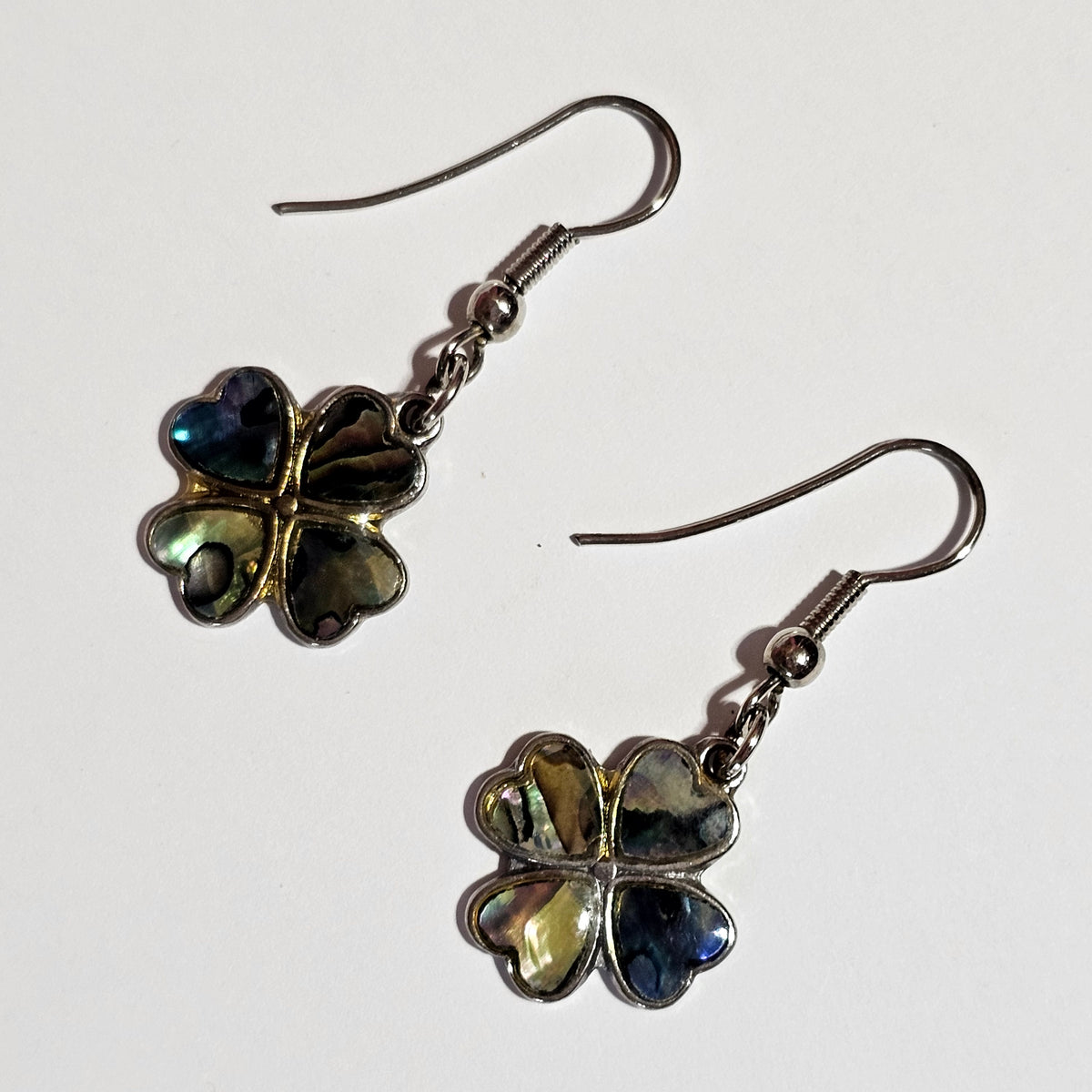 Clover Four Leaf Abalone Dangle Drop Earrings Pierced Vintage