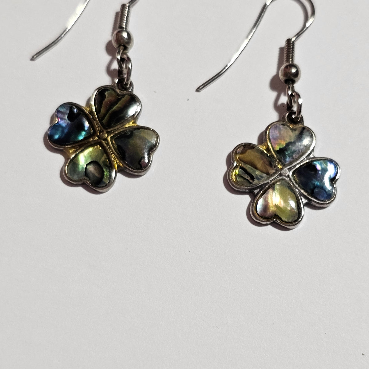 Clover Four Leaf Abalone Dangle Drop Earrings Pierced Vintage