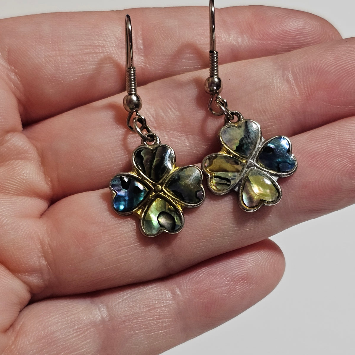 Clover Four Leaf Abalone Dangle Drop Earrings Pierced Vintage