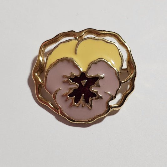 Gold-tone Enamel Orchid Flower Pink Yellow Brooch Vintage