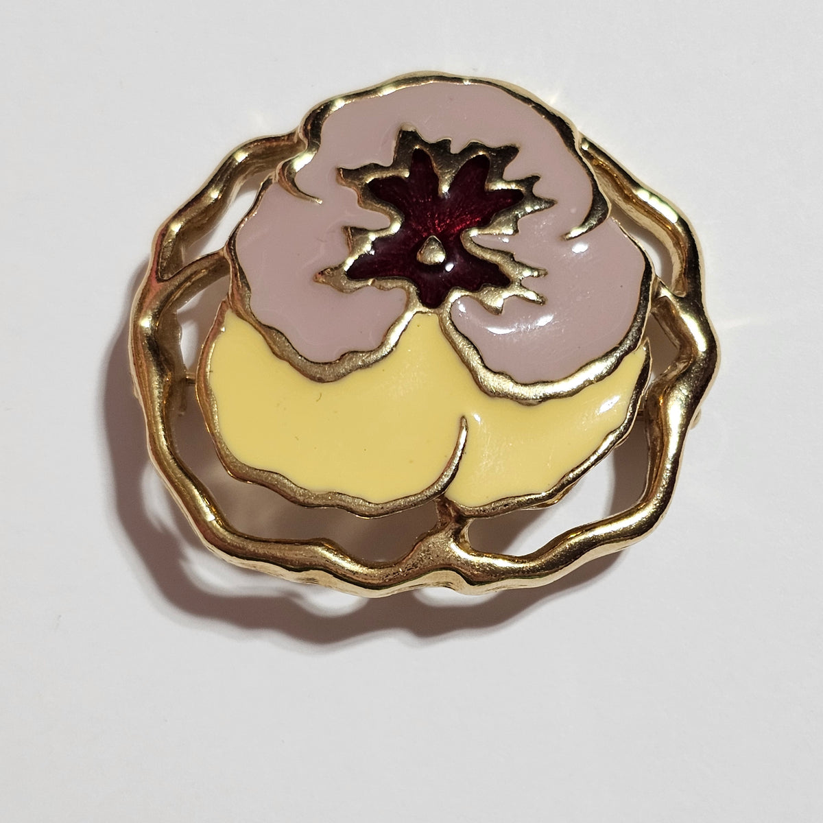 Gold-tone Enamel Orchid Flower Pink Yellow Brooch Vintage
