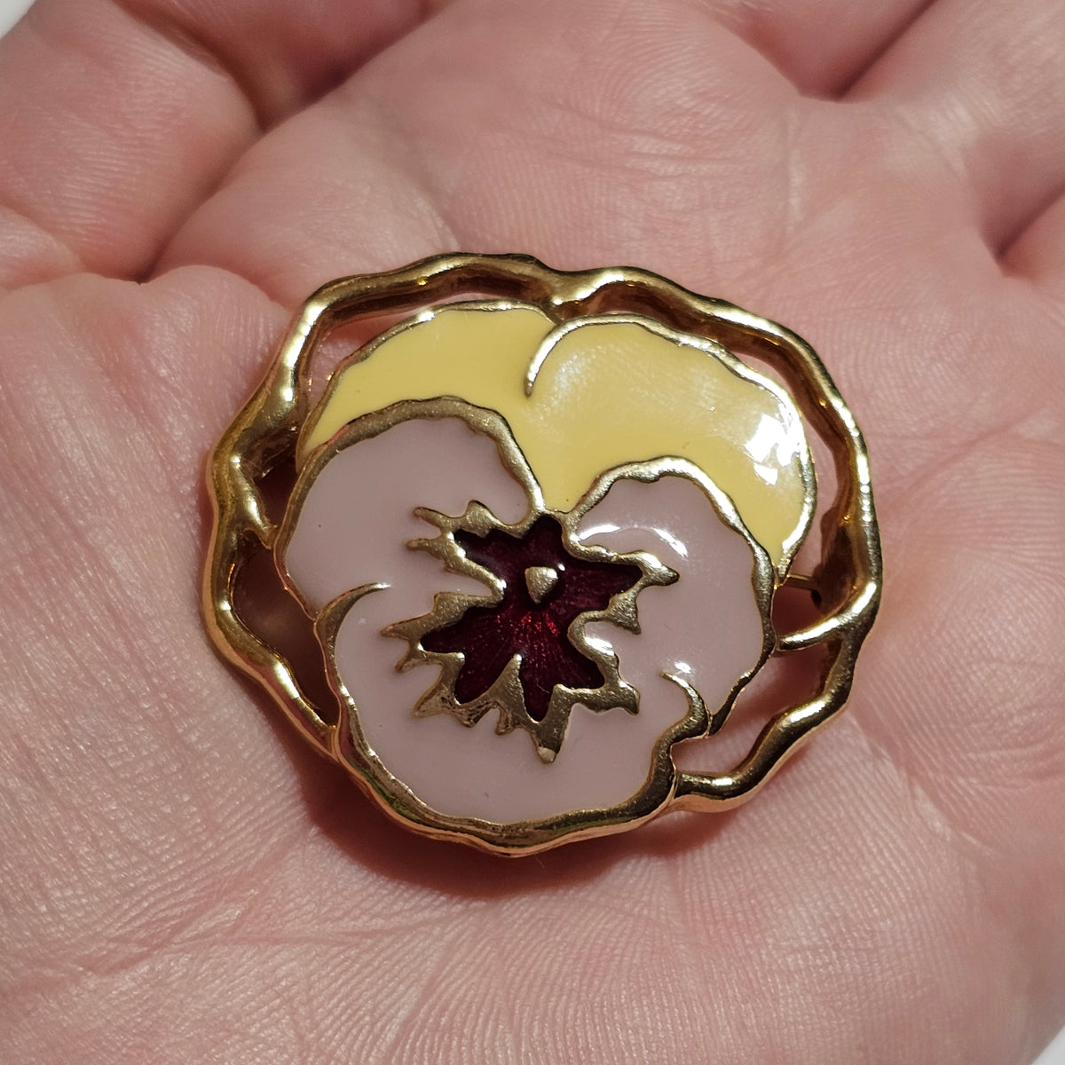 Gold-tone Enamel Orchid Flower Pink Yellow Brooch Vintage