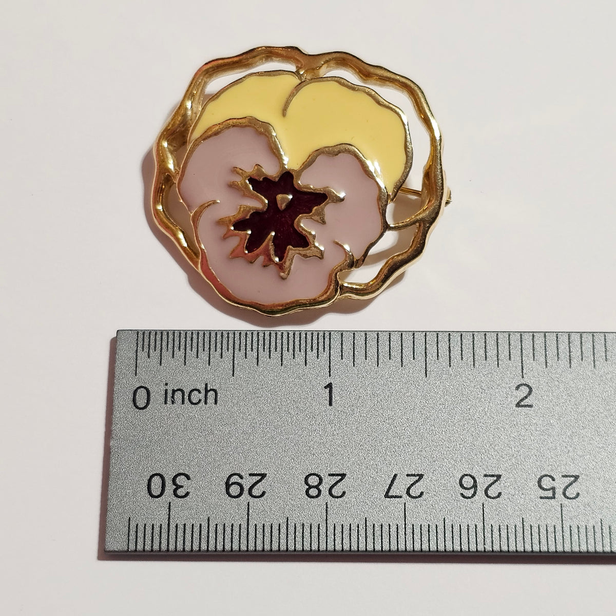 Gold-tone Enamel Orchid Flower Pink Yellow Brooch Vintage