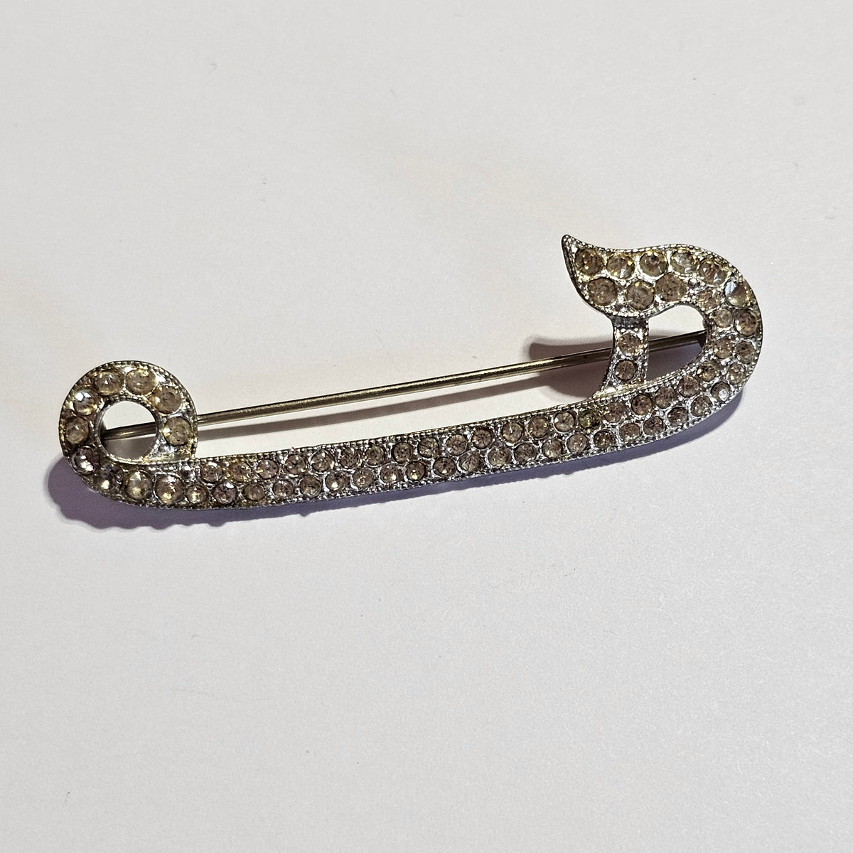 Paste Rhinestone Pot Metal Art Deco C-clasp Vintage Safety Pin Brooch