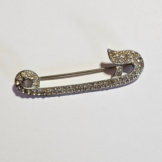 Paste Rhinestone Pot Metal Art Deco C-clasp Vintage Safety Pin Brooch