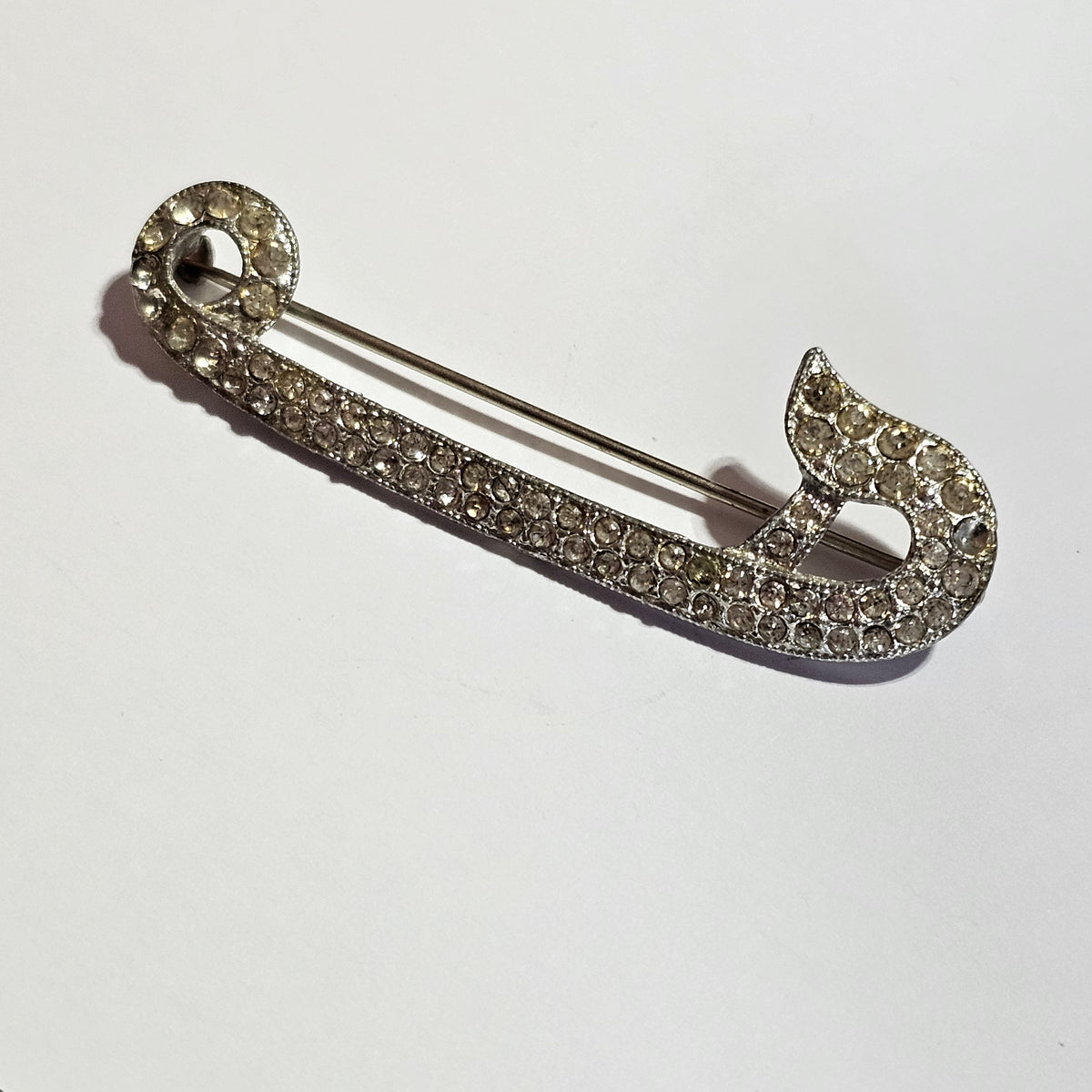 Paste Rhinestone Pot Metal Art Deco C-clasp Vintage Safety Pin Brooch