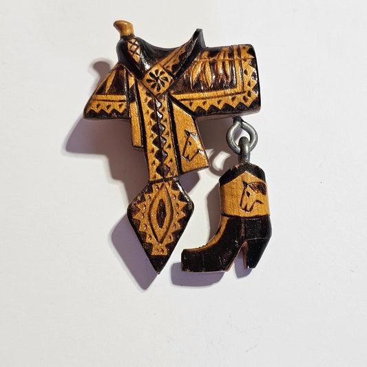 Wooden Lacquer Western Cowboy Boot Saddle Hand Carved Brooch Vintage