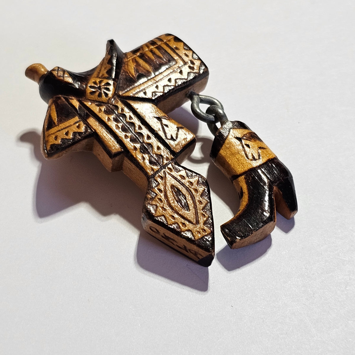Wooden Lacquer Western Cowboy Boot Saddle Hand Carved Brooch Vintage