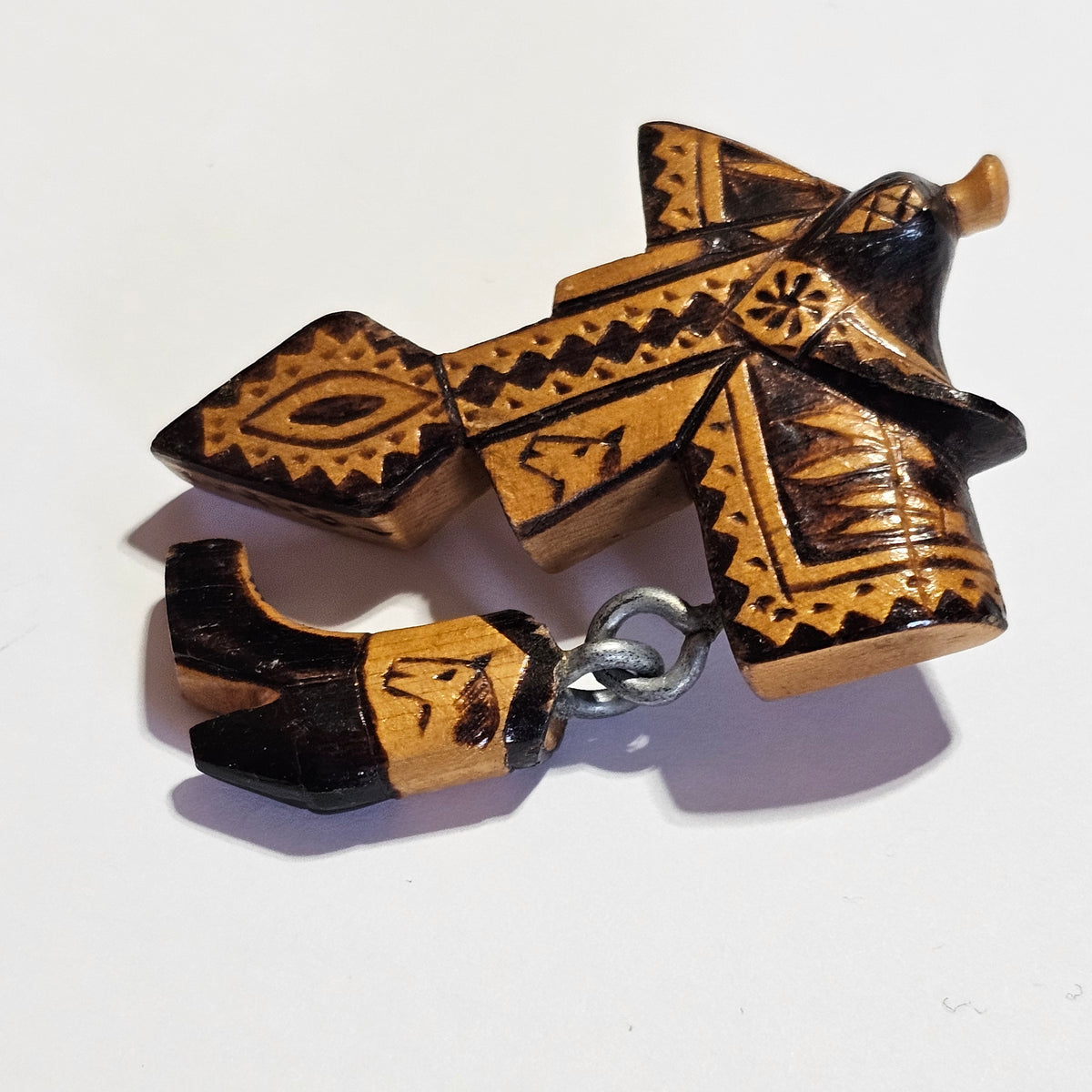 Wooden Lacquer Western Cowboy Boot Saddle Hand Carved Brooch Vintage