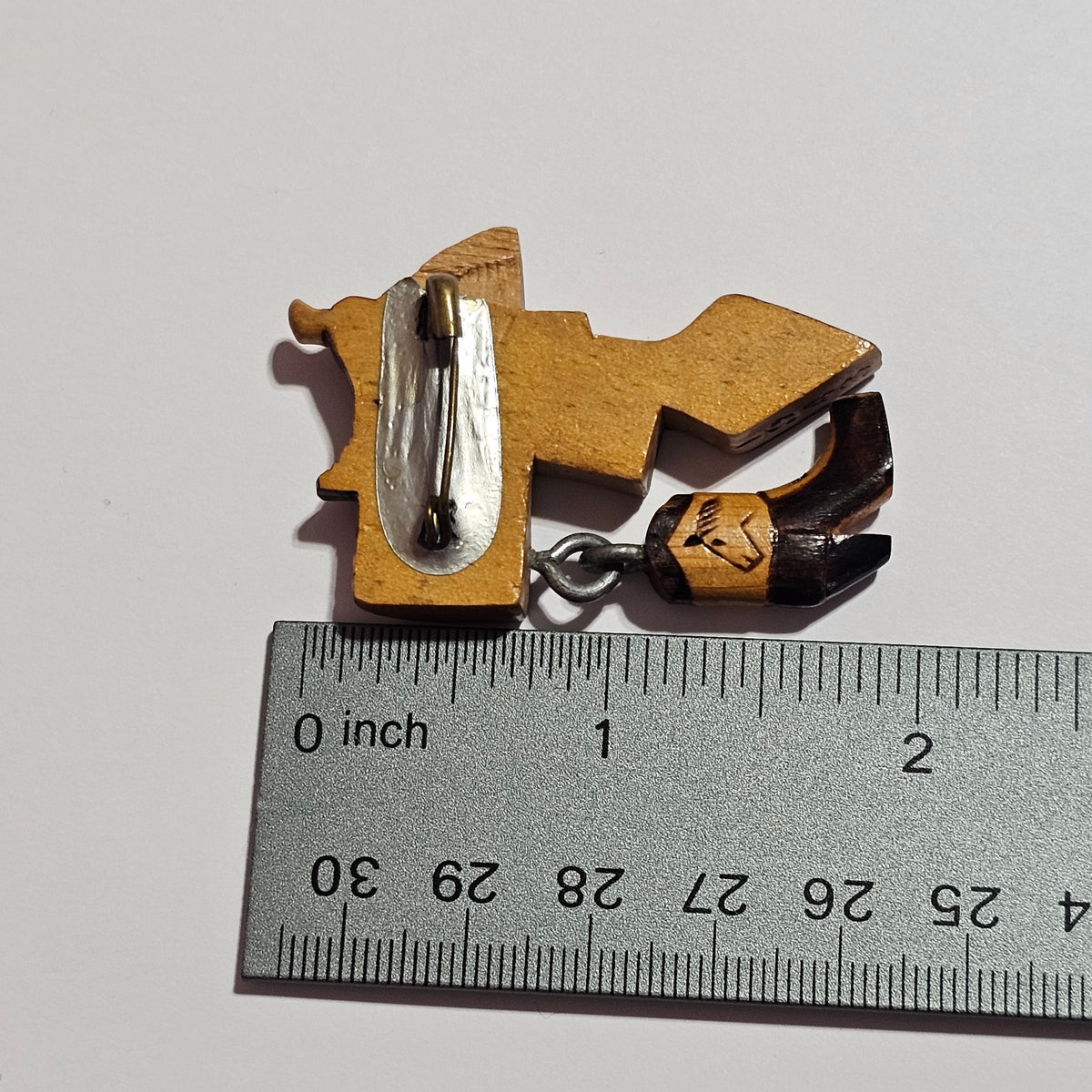 Wooden Lacquer Western Cowboy Boot Saddle Hand Carved Brooch Vintage