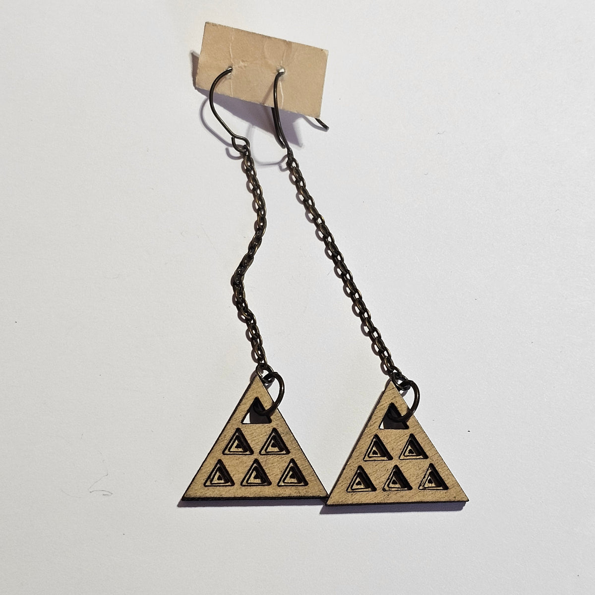 Handmade Long Dangle Pierced Triangle Geometric Earrings Stamped Evil