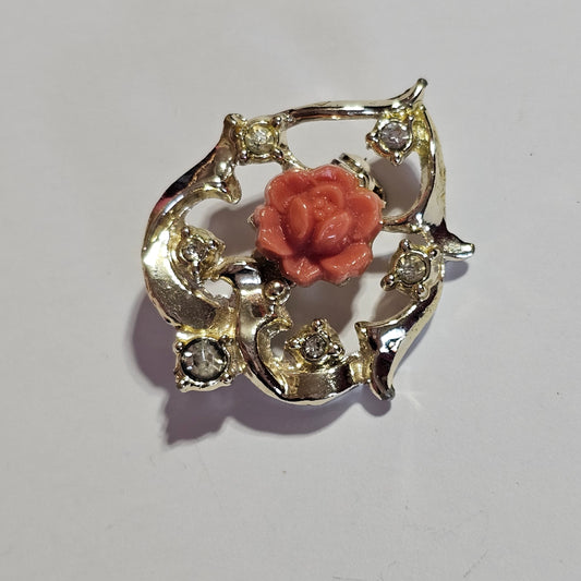 Gold-tone Rhinestone Coral Rose Brooch Vintage