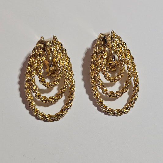 Gold-tone Twisted Textured Layered Oval Hoop Dangle Pierced Earrings Vintage