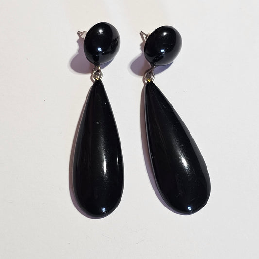 Black Oval Dangle Pierced Earrings 80s Vintage