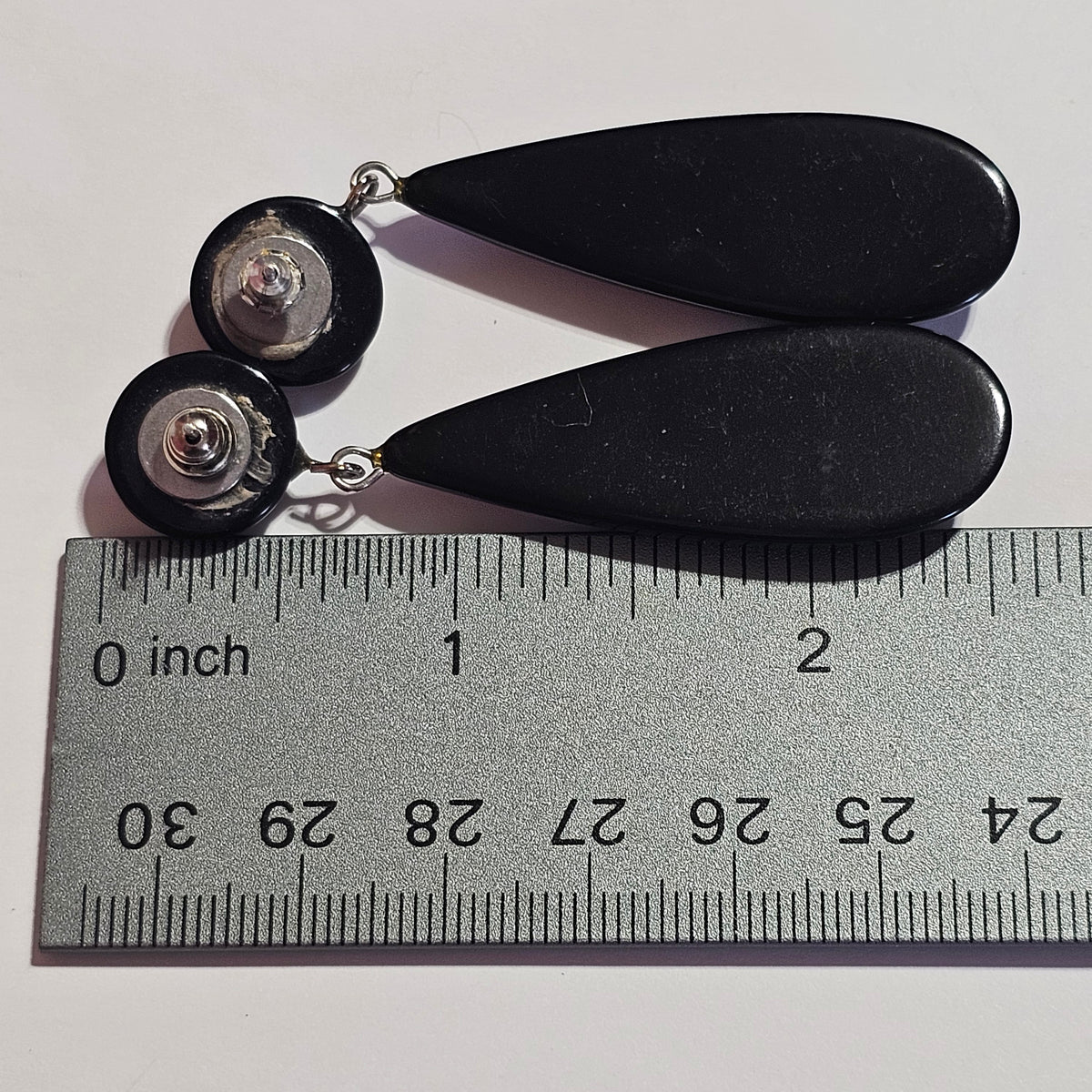 Black Oval Dangle Pierced Earrings 80s Vintage